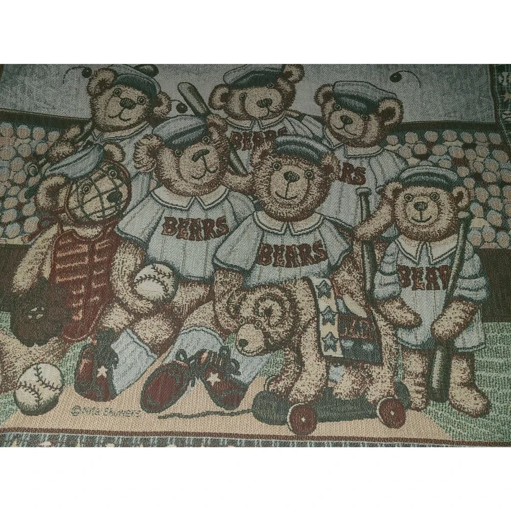 Nita Showers Teddy Bear Baseball Woven Tapestry Throw Blanket Fringed 39x33